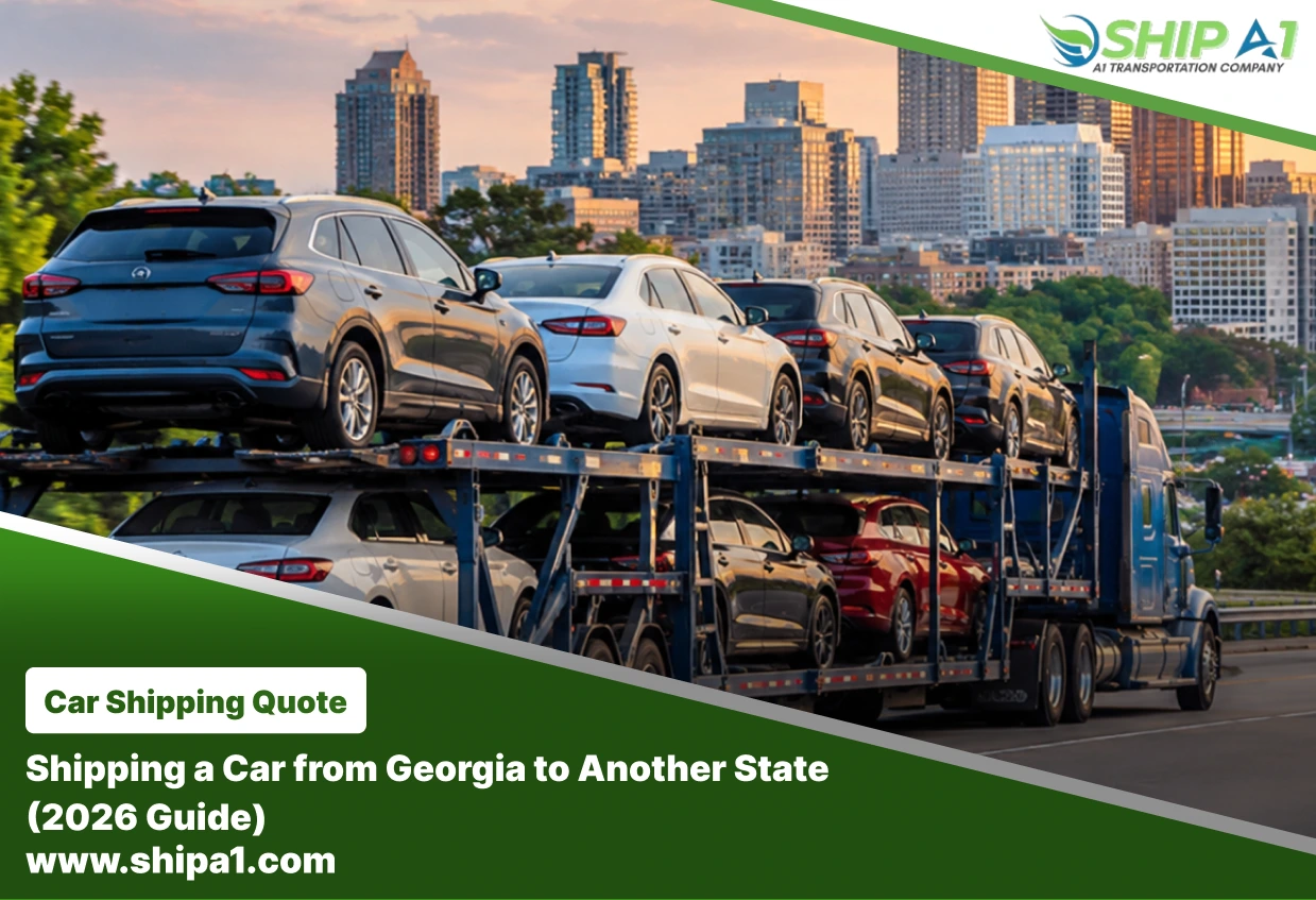Car carrier transporting multiple vehicles near Atlanta, Georgia, for out-of-state car shipping.