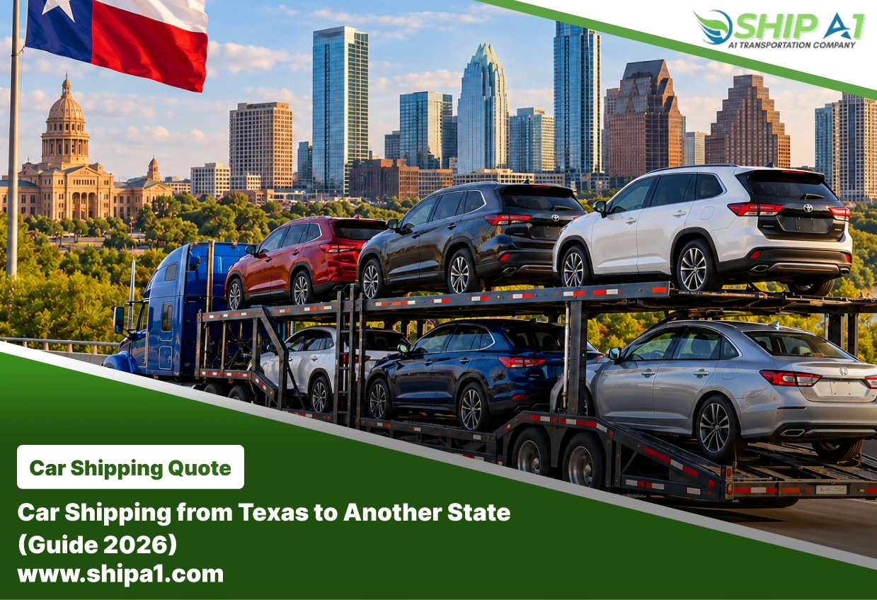Car transporter carrying multiple vehicles in Austin, Texas, for interstate car shipping with Ship A1 Auto Transport.