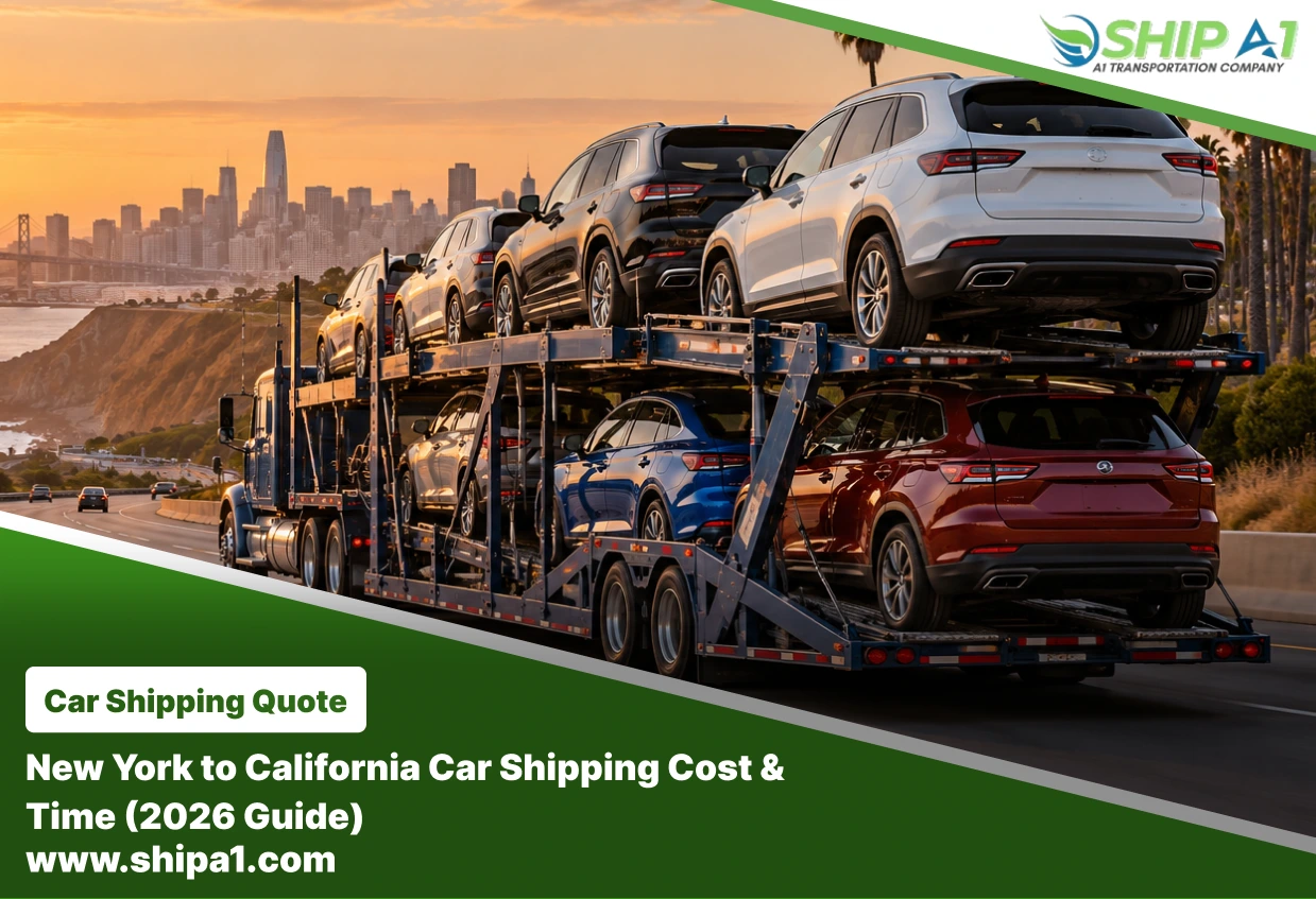 Open car carrier transporting multiple SUVs on a California coastal highway at sunset.