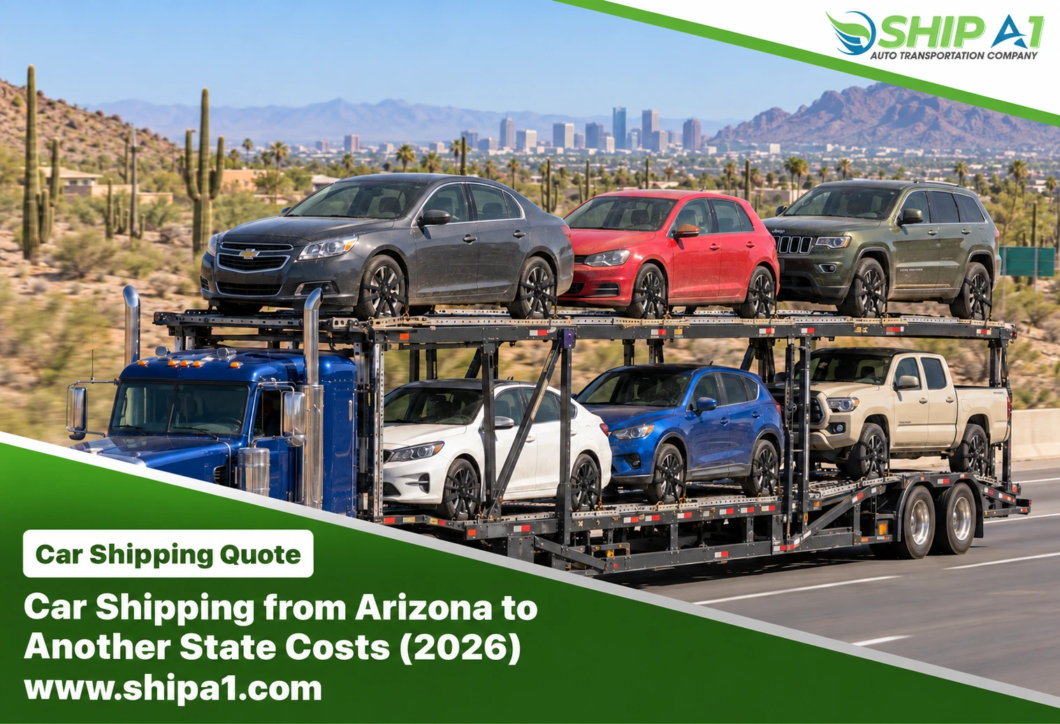 Open car carrier transporting six cars on an Arizona highway with the Phoenix skyline, desert mountains, and saguaro cacti in the background, representing interstate car shipping from Arizona.