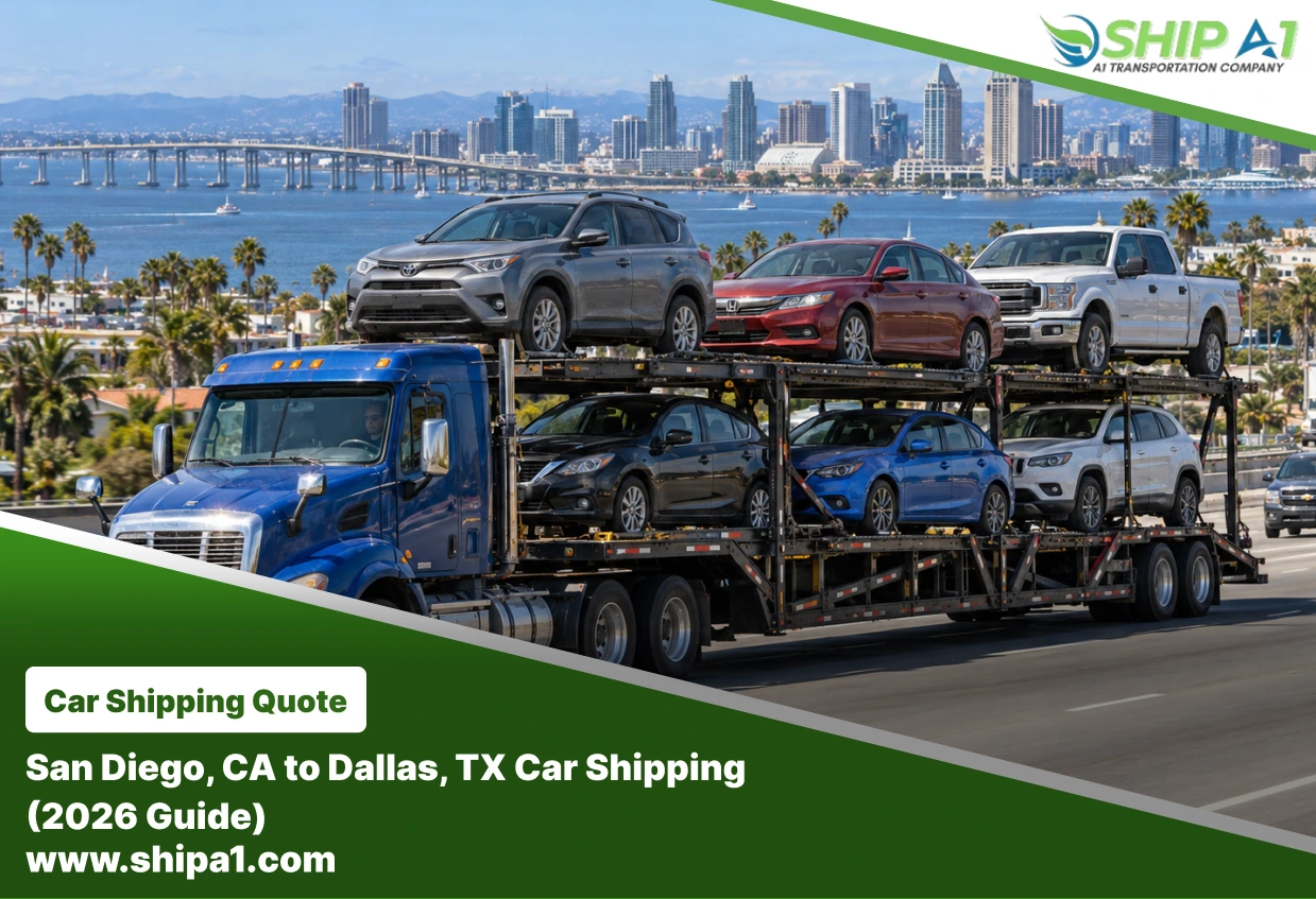 Open car carrier truck transporting six different cars on a highway with the San Diego skyline and Coronado Bridge in the background, featuring Ship A1 Auto Transport branding for San Diego to Dallas car shipping.