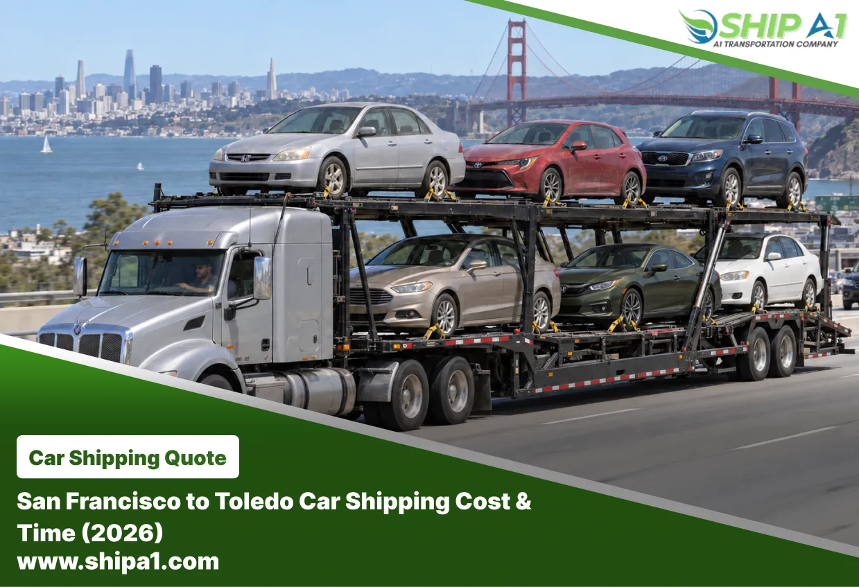 Open car carrier truck transporting six cars on a highway with the Golden Gate Bridge and San Francisco skyline in the background.
