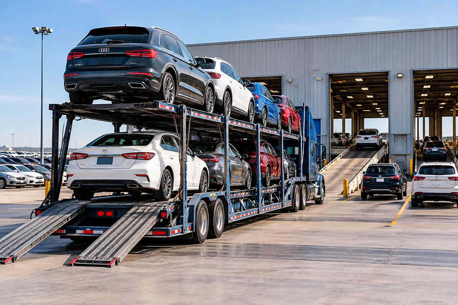 Cars parked at an auto transport terminal lot awaiting pickup