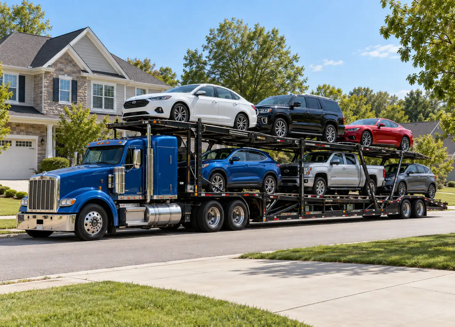 Door-to-door car shipping in North Carolina: driver unloading a car in front of a home