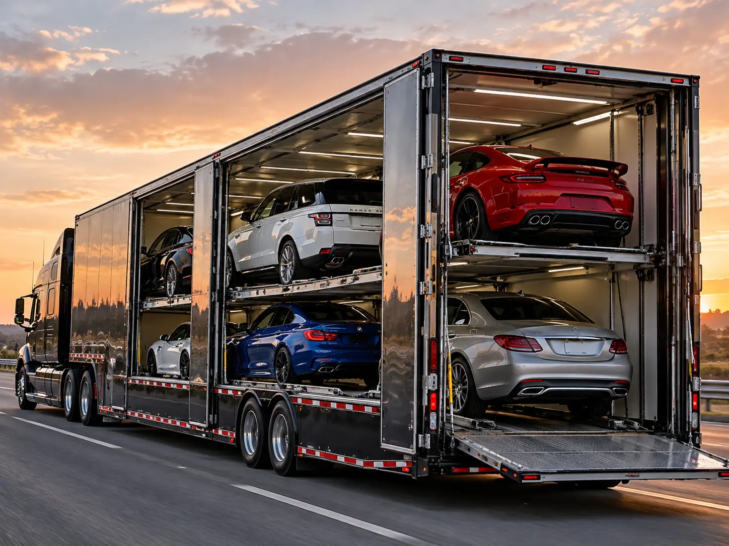 Enclosed car transport in North Carolina: covered trailer carrying a classic car