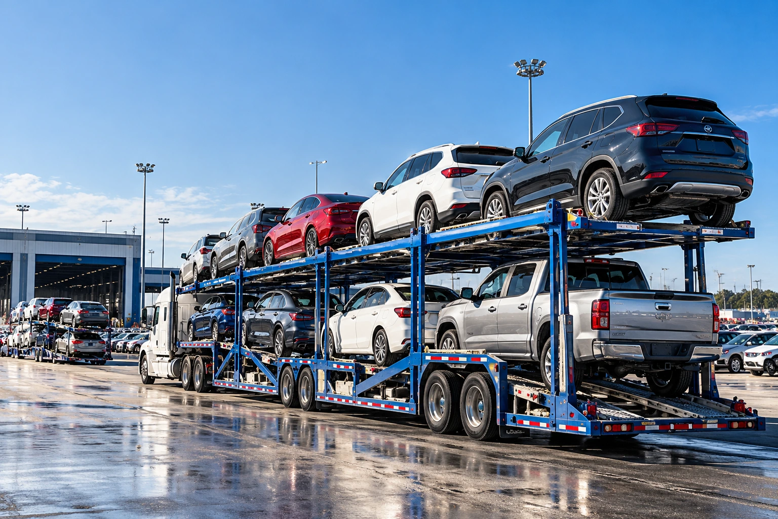Cars parked at an auto transport terminal lot awaiting pickup