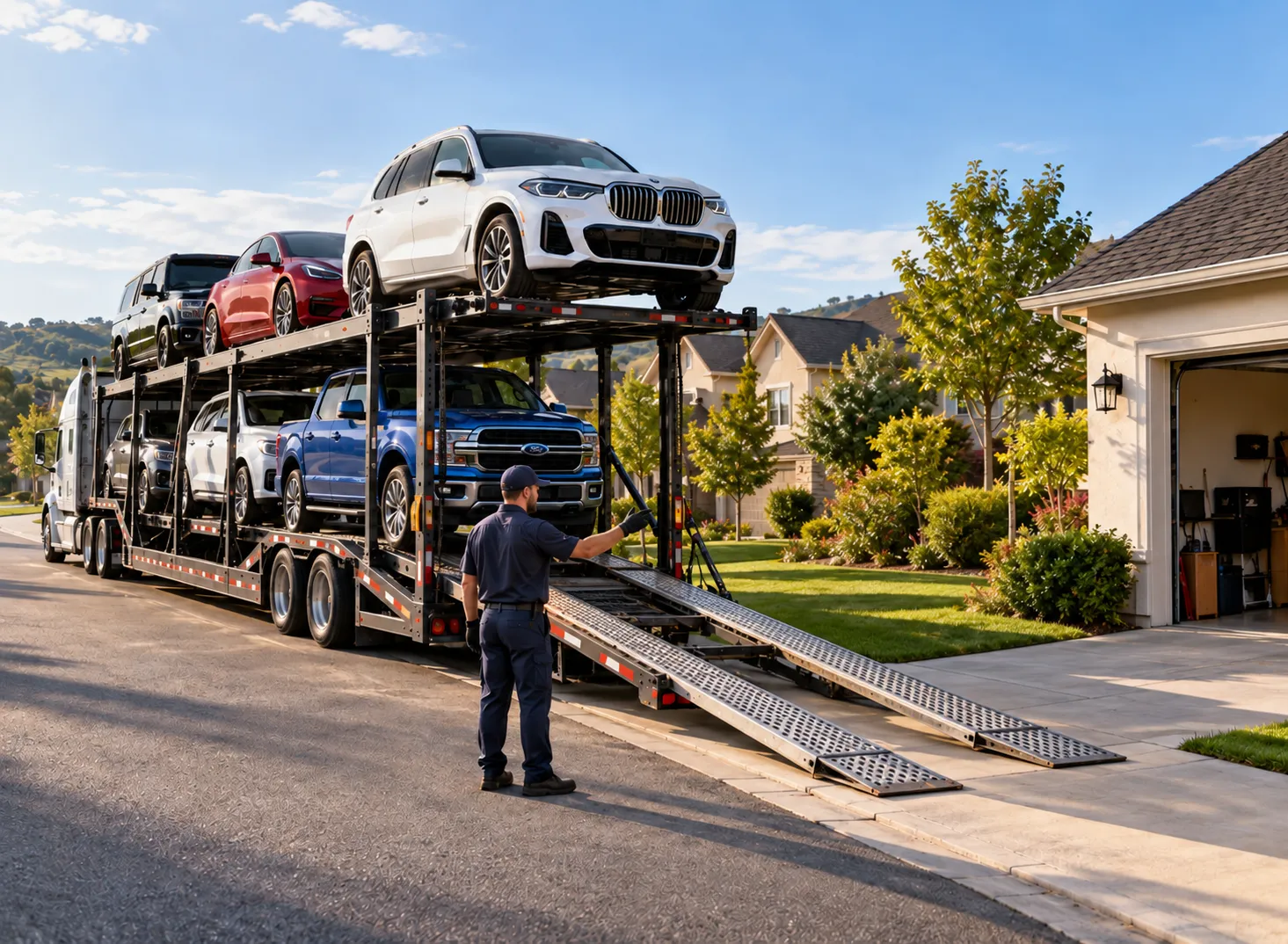 Car carrier driver unloading a car in front of a Pennsylvania home