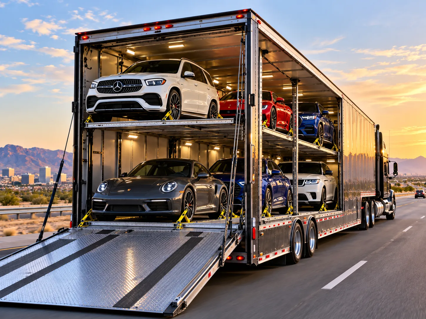 Enclosed auto transport trailer carrying a covered classic car