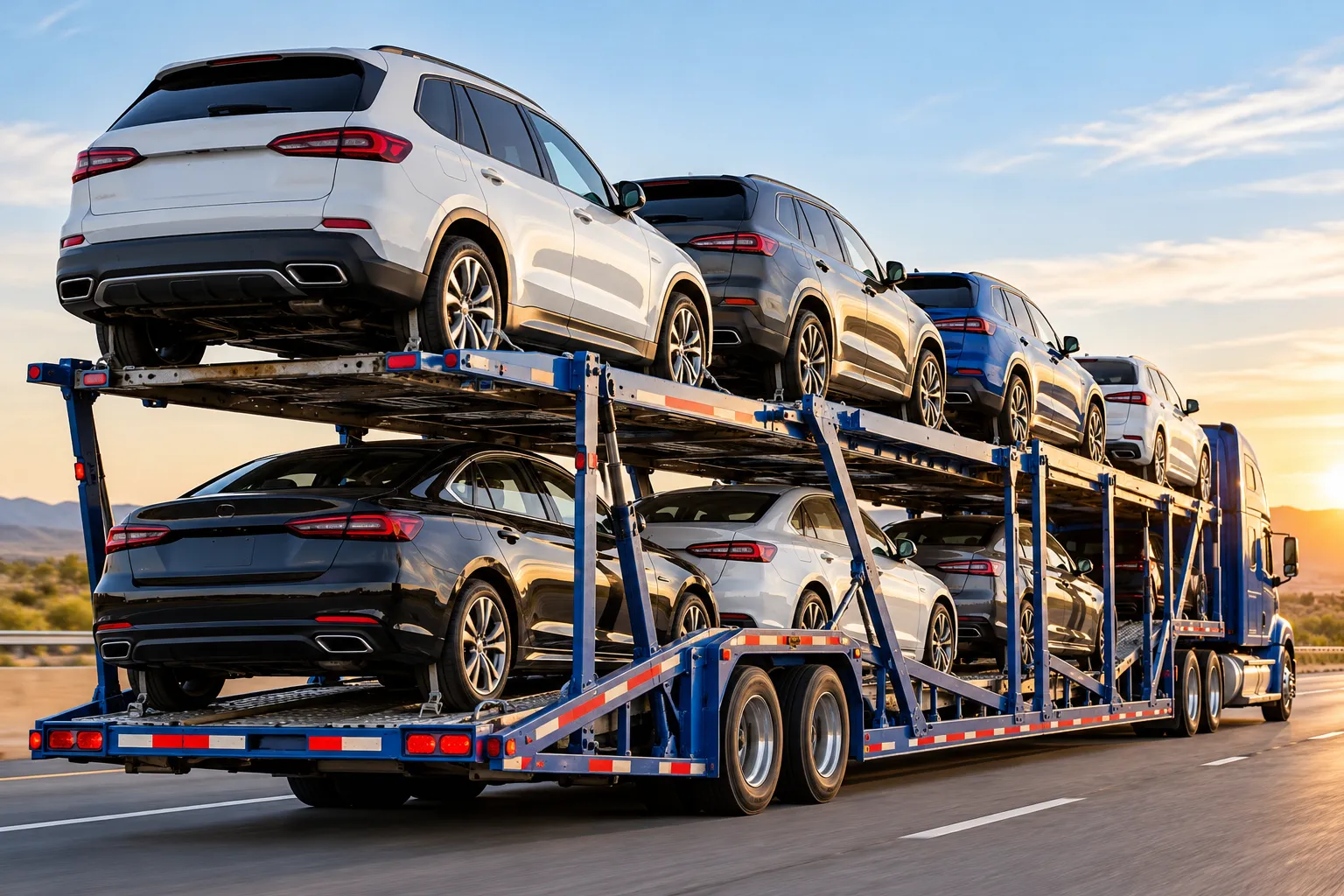 Open car carrier truck hauling sedans and SUVs on a Pennsylvania highway