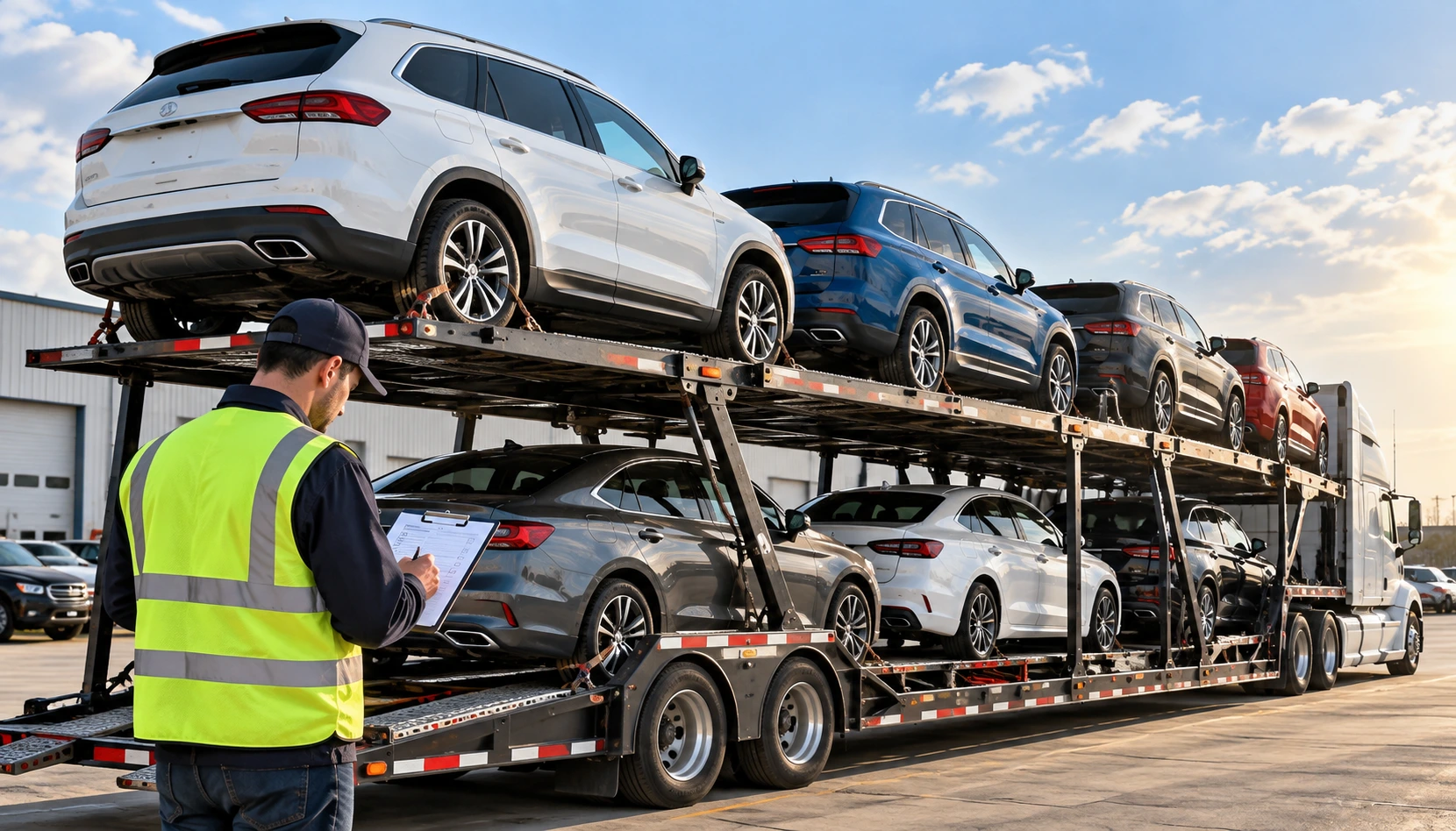 Driver and customer inspecting a car before loading and noting condition on the Bill of Lading