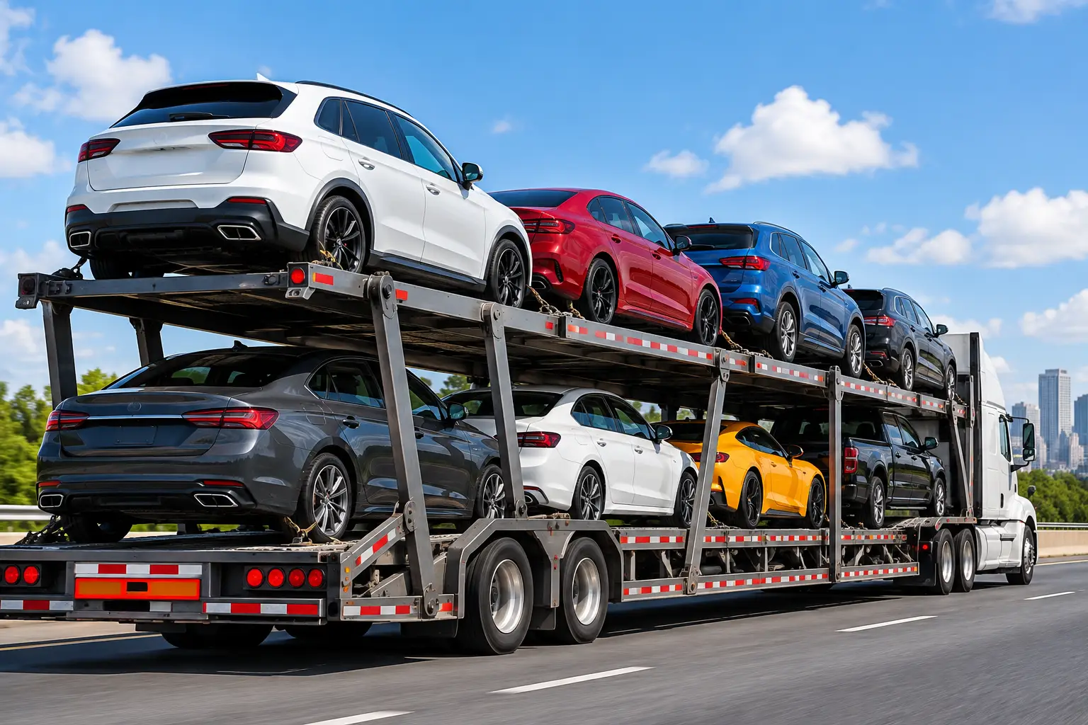 Open car transport in North Carolina: car carrier truck hauling sedans and SUVs